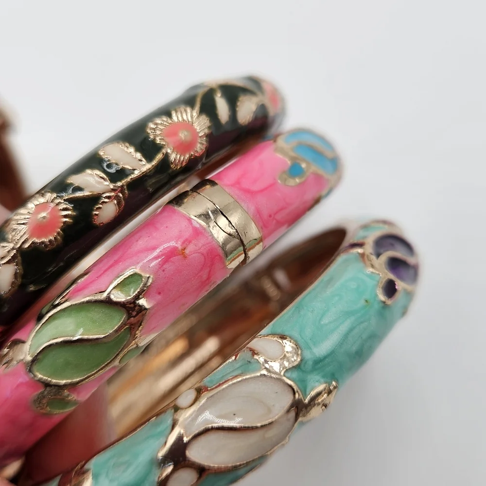 Jiu Long Xing Enamel Turtles & Floral Clamper Bangle Bracelets Small Wrist Child